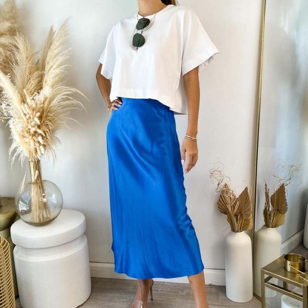 The Drop Maya Silky Midi Skirt Blue XS